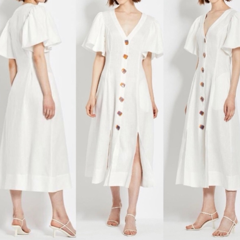 $595 Nicholas Women's White Troy Linen Lantern Sleeve A-Line Midi Dress Size US4